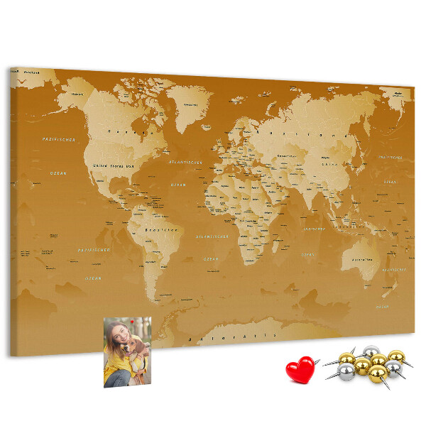 Bacheca in sughero mappa del mondo nei toni del marrone