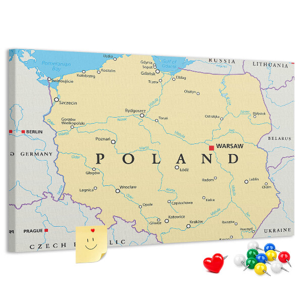 Bacheca in sughero con mappa della Polonia e Varsavia evidenziata