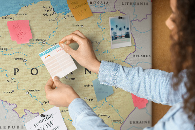 Bacheca in sughero con mappa della Polonia e Varsavia evidenziata