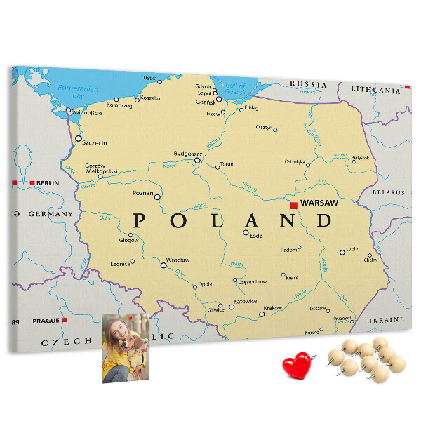 Bacheca in sughero con mappa della Polonia e Varsavia evidenziata