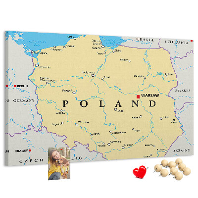 Bacheca in sughero con mappa della Polonia e Varsavia evidenziata
