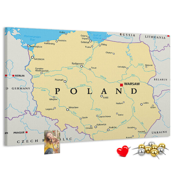 Bacheca in sughero con mappa della Polonia e Varsavia evidenziata