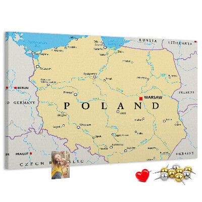 Bacheca in sughero con mappa della Polonia e Varsavia evidenziata
