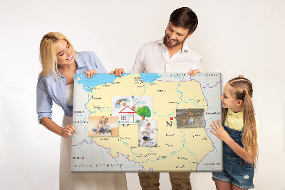 Bacheca in sughero con mappa della Polonia e Varsavia evidenziata