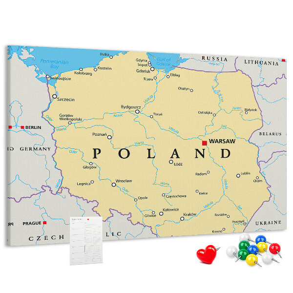 Bacheca in sughero con mappa della Polonia e Varsavia evidenziata