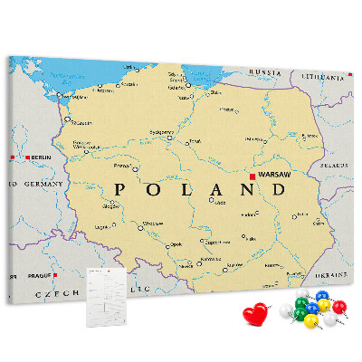 Bacheca in sughero con mappa della Polonia e Varsavia evidenziata
