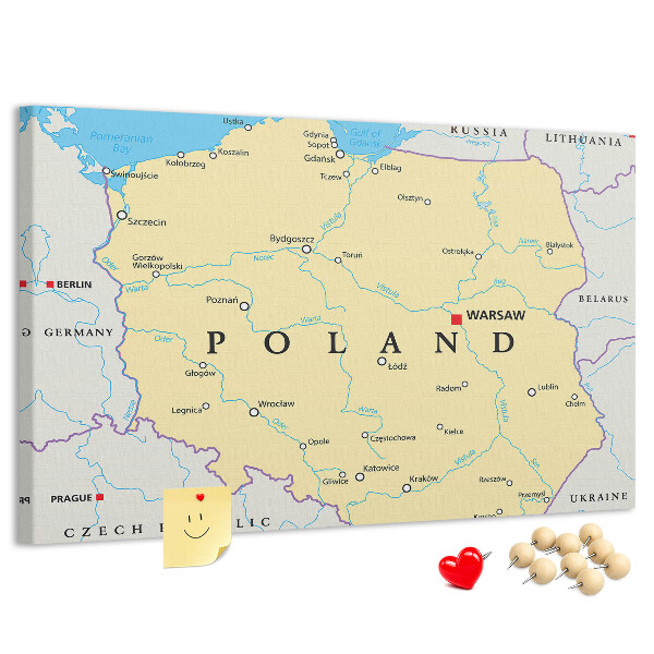 Bacheca in sughero con mappa della Polonia e Varsavia evidenziata