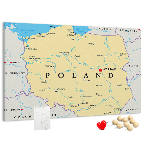 Bacheca in sughero con mappa della Polonia e Varsavia evidenziata