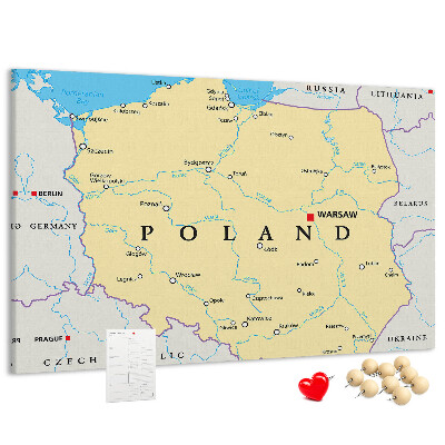 Bacheca in sughero con mappa della Polonia e Varsavia evidenziata