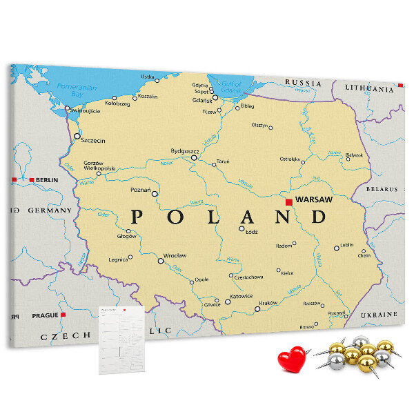 Bacheca in sughero con mappa della Polonia e Varsavia evidenziata