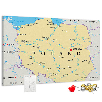 Bacheca in sughero con mappa della Polonia e Varsavia evidenziata