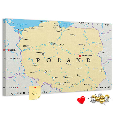 Bacheca in sughero con mappa della Polonia e Varsavia evidenziata
