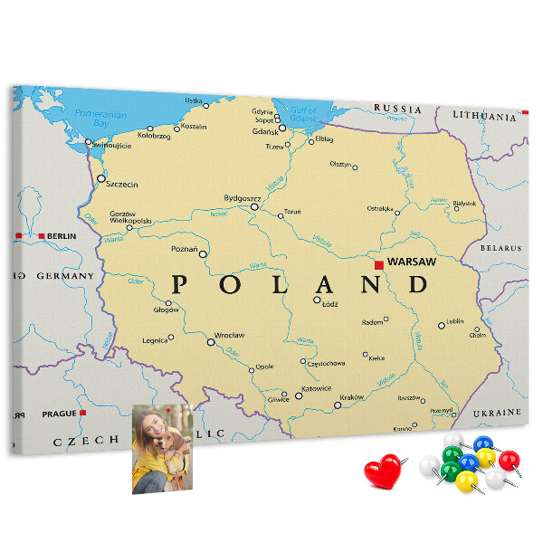 Bacheca in sughero con mappa della Polonia e Varsavia evidenziata