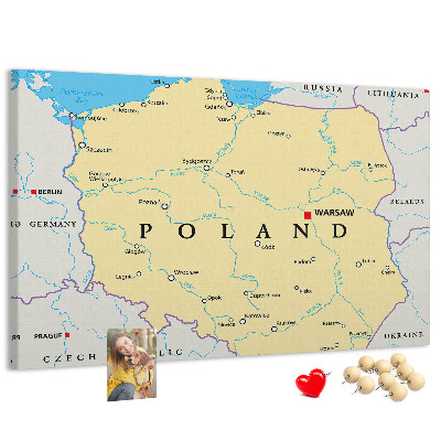 Bacheca in sughero con mappa della Polonia e Varsavia evidenziata