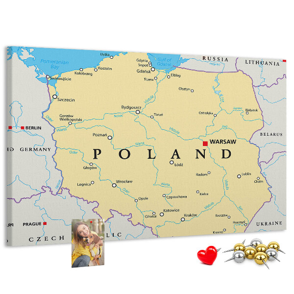 Bacheca in sughero con mappa della Polonia e Varsavia evidenziata
