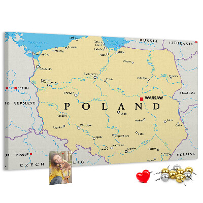 Bacheca in sughero con mappa della Polonia e Varsavia evidenziata