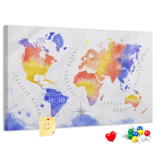 Lavagna di sughero mappa del mondo colorata in stile acquerello