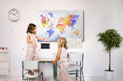 Lavagna di sughero mappa del mondo colorata in stile acquerello