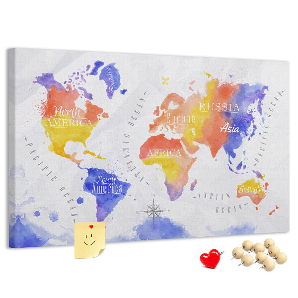 Lavagna di sughero mappa del mondo colorata in stile acquerello