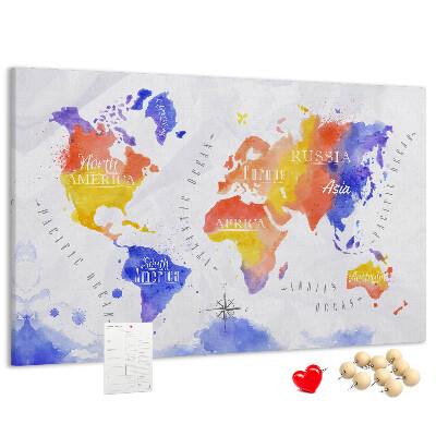 Lavagna di sughero mappa del mondo colorata in stile acquerello