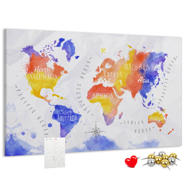 Lavagna di sughero mappa del mondo colorata in stile acquerello