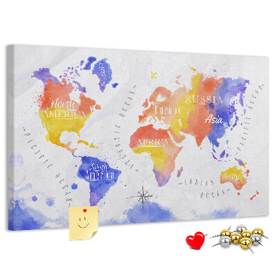 Lavagna di sughero mappa del mondo colorata in stile acquerello