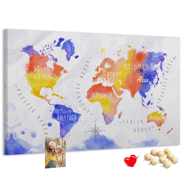 Lavagna di sughero mappa del mondo colorata in stile acquerello