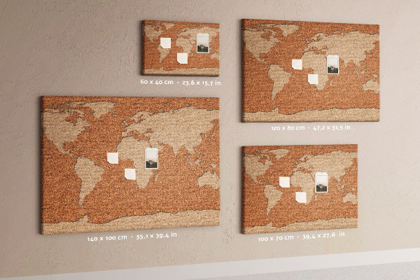 Bacheca in sughero con stampa mappa del mondo