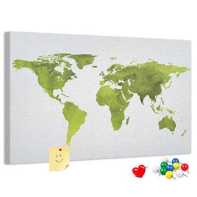 Bacheca in sughero mappa del mondo verde con effetto acquerello