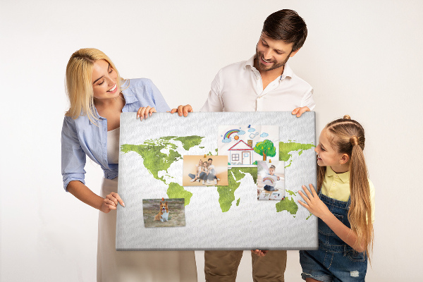 Bacheca in sughero mappa del mondo verde con effetto acquerello