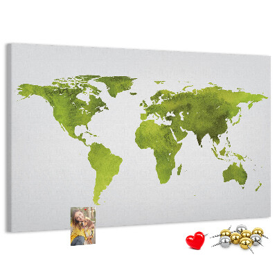 Bacheca in sughero mappa del mondo verde con effetto acquerello