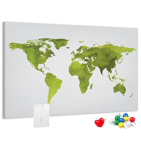 Bacheca in sughero mappa del mondo verde con effetto acquerello