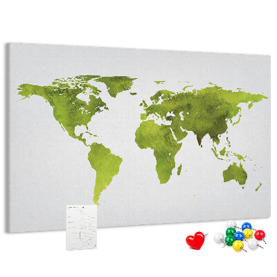 Bacheca in sughero mappa del mondo verde con effetto acquerello