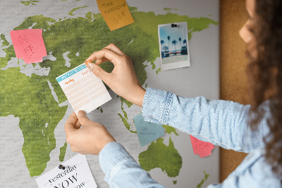 Bacheca in sughero mappa del mondo verde con effetto acquerello