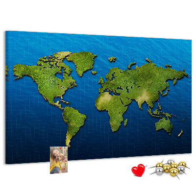 Lavagna di sughero mappa del mondo verde con oceano sullo sfondo