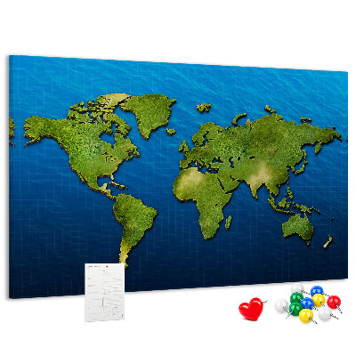 Lavagna di sughero mappa del mondo verde con oceano sullo sfondo