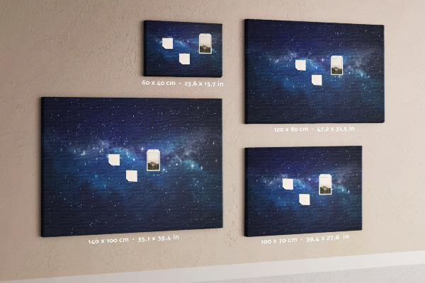 Bacheca in sughero con stampa spazio cosmico e stelle scintillanti
