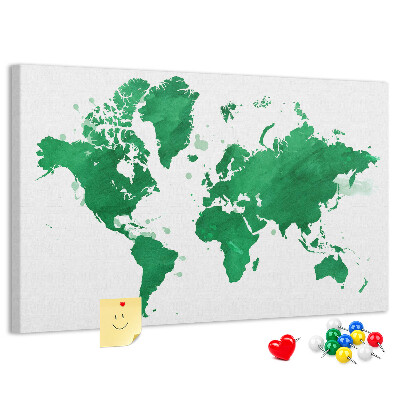 Bacheca in sughero mappa del mondo color acquerello verde