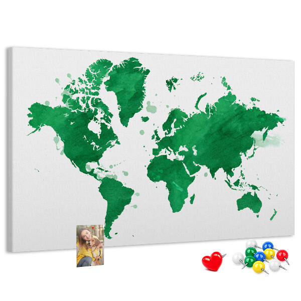 Bacheca in sughero mappa del mondo color acquerello verde