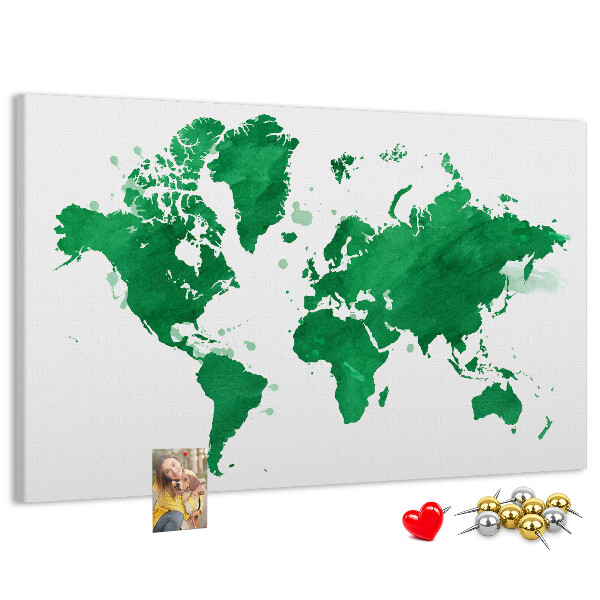 Bacheca in sughero mappa del mondo color acquerello verde