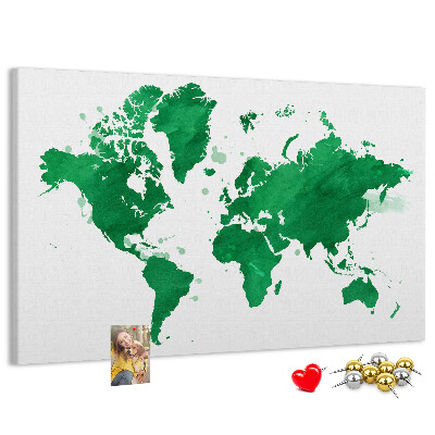 Bacheca in sughero mappa del mondo color acquerello verde