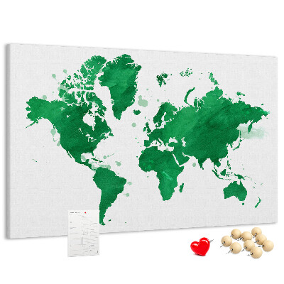 Bacheca in sughero mappa del mondo color acquerello verde