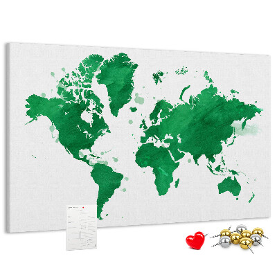 Bacheca in sughero mappa del mondo color acquerello verde