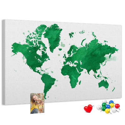 Bacheca in sughero mappa del mondo color acquerello verde