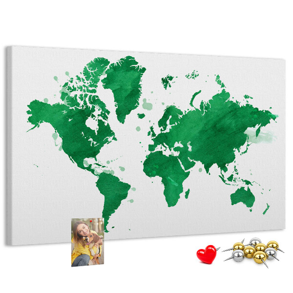 Bacheca in sughero mappa del mondo color acquerello verde