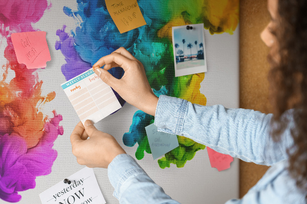 Bacheca in sughero con design a nuvole di pittura colorata in movimento