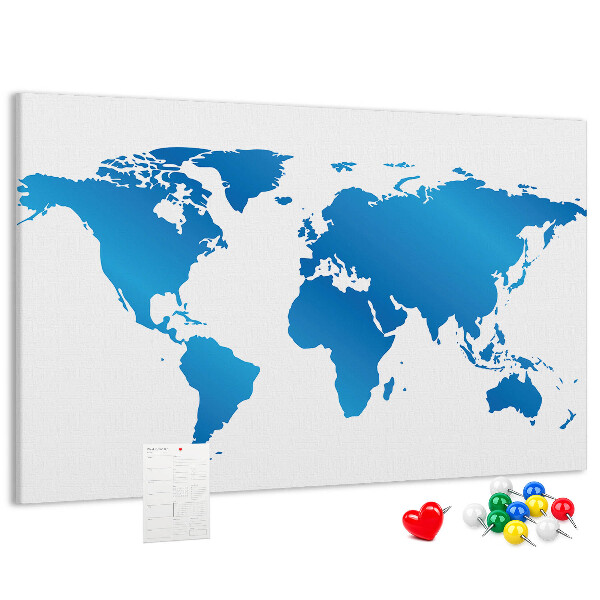 Lavagna di sughero con mappa del mondo blu su sfondo bianco