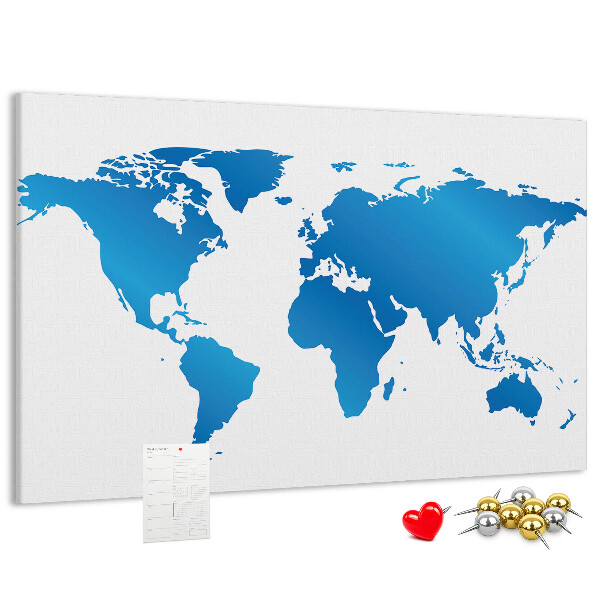 Lavagna di sughero con mappa del mondo blu su sfondo bianco