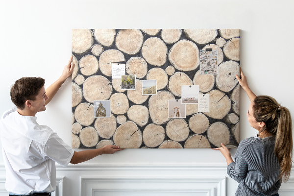 Bacheca in sughero con sfondo in legno naturale