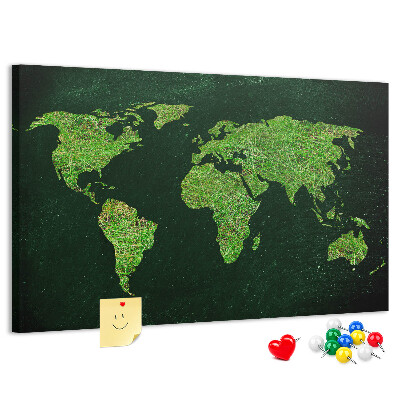 Lavagna di sughero mappa del mondo verde con rete stradale